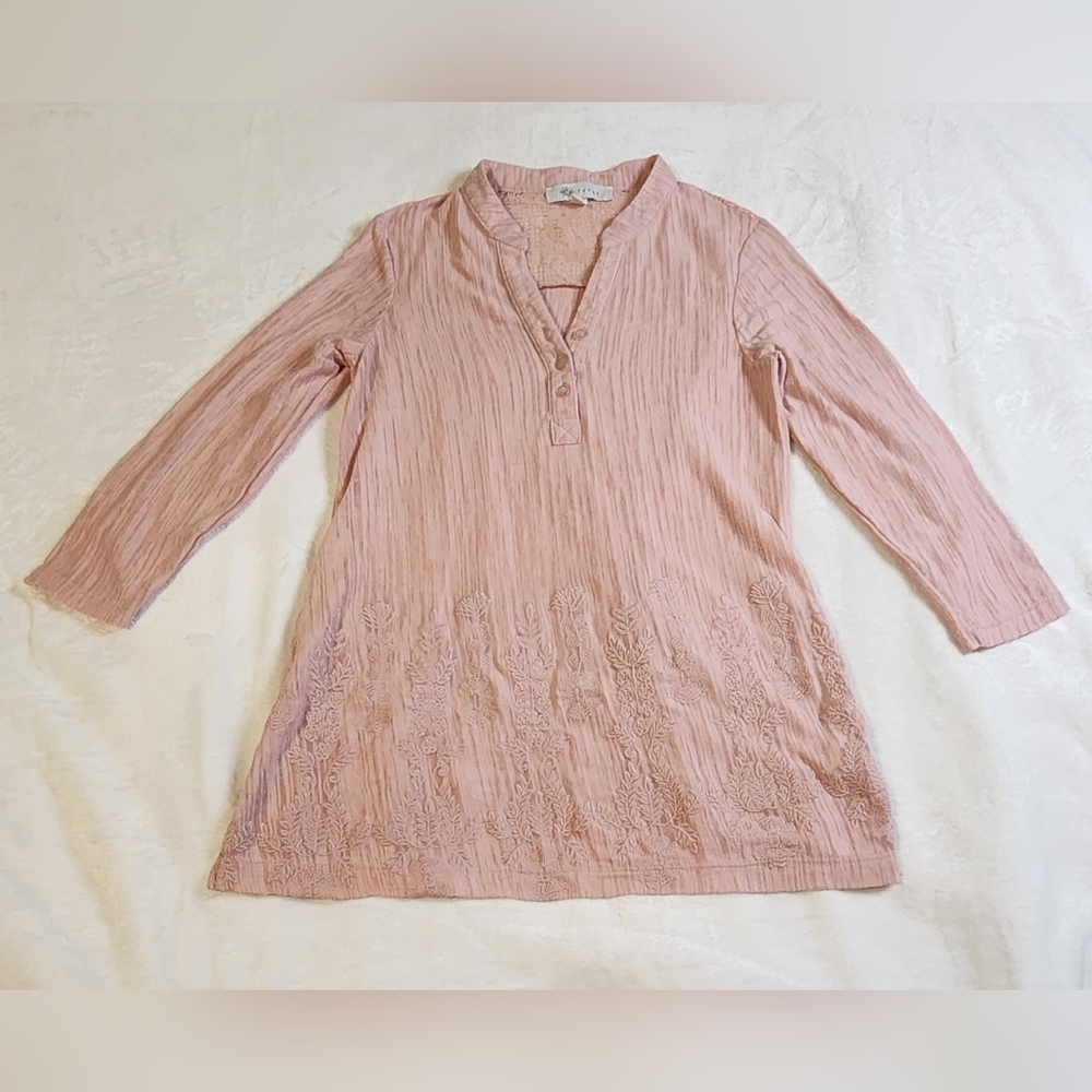 Fever Pink Long Sleeve Boho‎ Tunic Top With Embroidered And Lace Details, Small